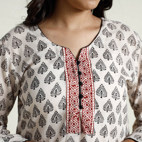 White Block Print Mul Cotton Straight Bagh Kurta for Women