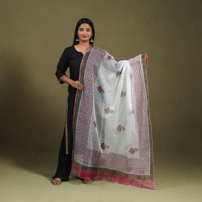  White Block Printed Kota Doria Cotton Sanganeri Dupatta