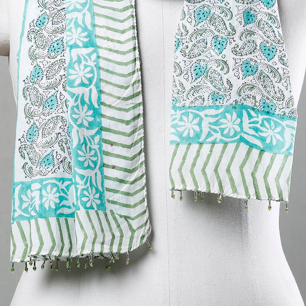 Buy White with Green Paisley Sanganeri Block Printed Cotton Stole with Beaded Border Online at iTokri.com