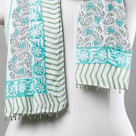 Buy White with Green Paisley Sanganeri Block Printed Cotton Stole with Beaded Border Online at iTokri.com