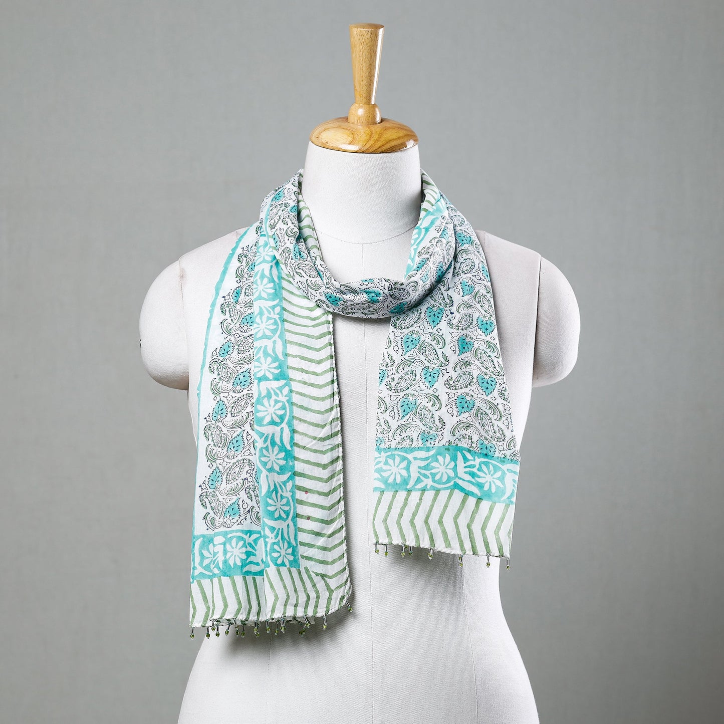 Buy White with Green Paisley Sanganeri Block Printed Cotton Stole with Beaded Border Online at iTokri.com