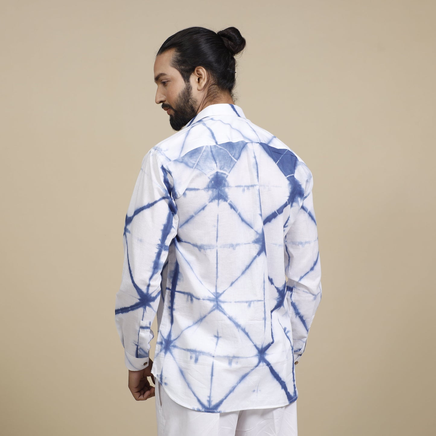 White & blue - shibori tie-dye cotton men full sleeve shirt