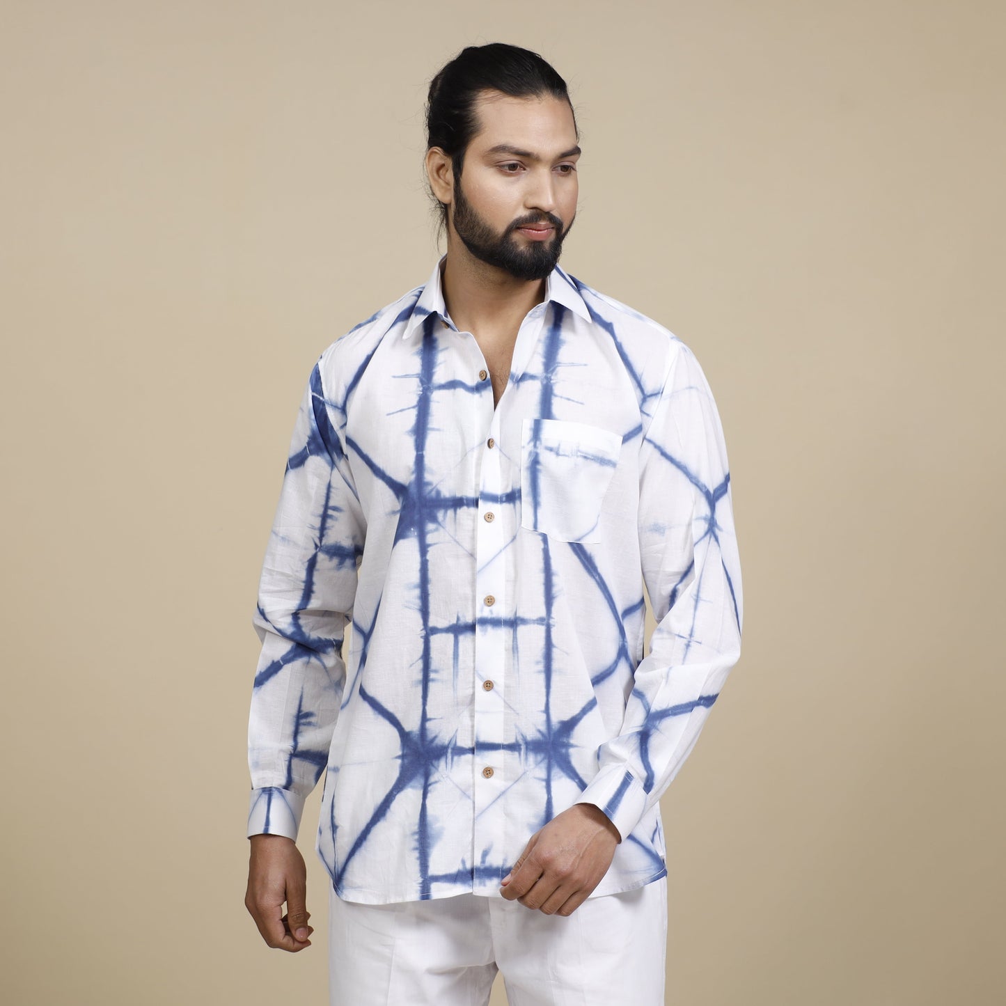 White & blue - shibori tie-dye cotton men full sleeve shirt