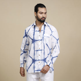 White & blue - shibori tie-dye cotton men full sleeve shirt