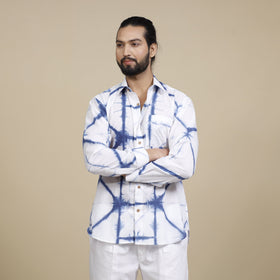 White & blue - shibori tie-dye cotton men full sleeve shirt