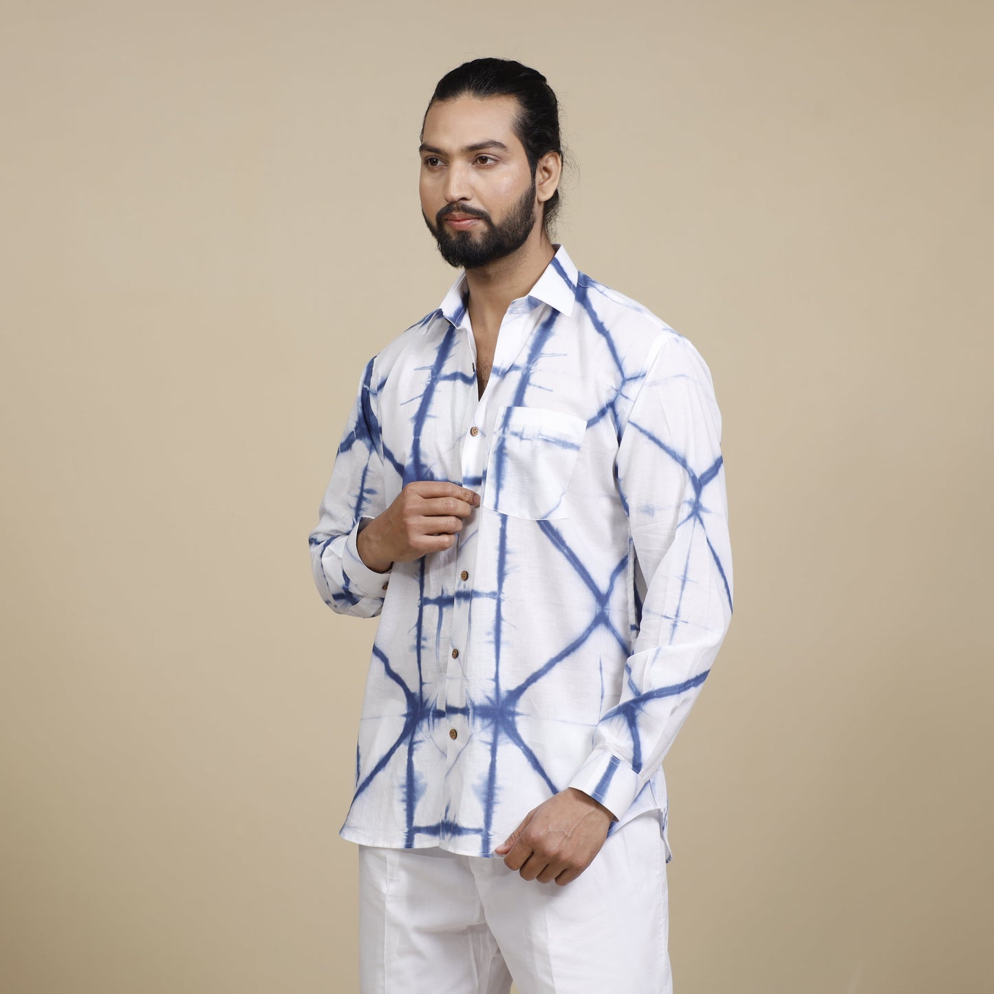 White & blue - shibori tie-dye cotton men full sleeve shirt