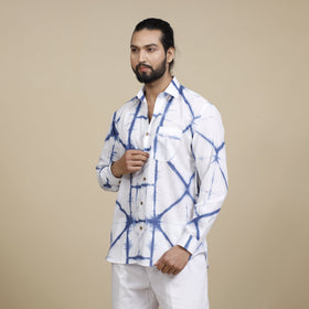 White & blue - shibori tie-dye cotton men full sleeve shirt