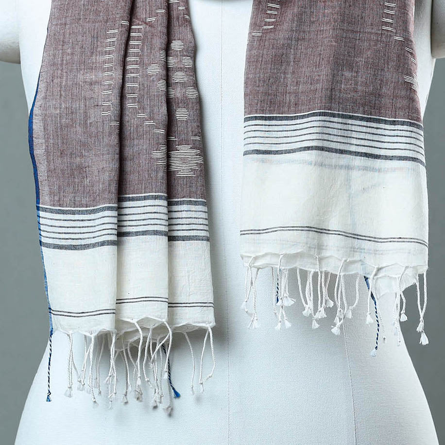 White - burdwan jamdani cotton handloom stole with tassels