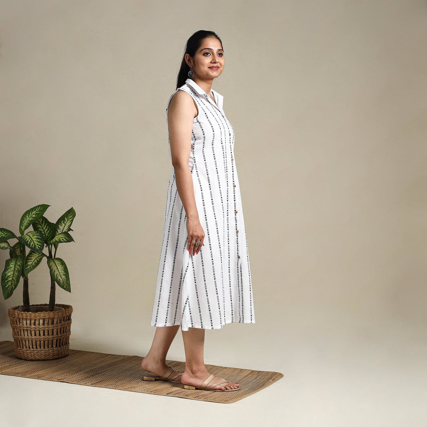 White Button Down Cotton Jacquard Dress