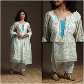 White - chanderi silk hand embroidery sanganeri suit set