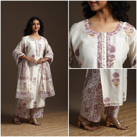 White - chanderi silk hand embroidery sanganeri suit set