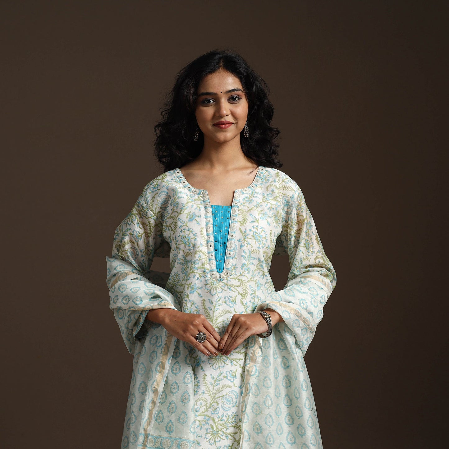 White - chanderi silk hand embroidery sanganeri suit set