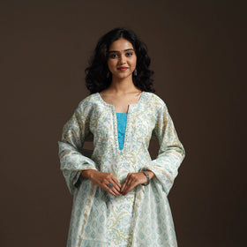 White - chanderi silk hand embroidery sanganeri suit set