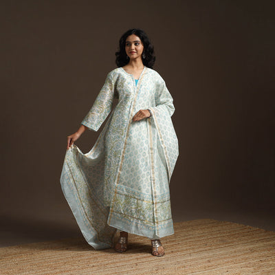 White - chanderi silk hand embroidery sanganeri suit set