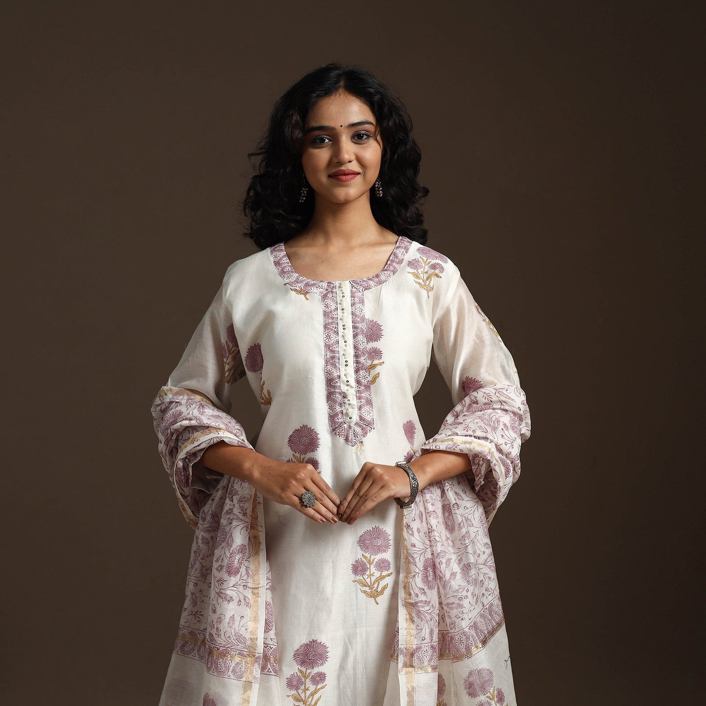 White - chanderi silk hand embroidery sanganeri suit set