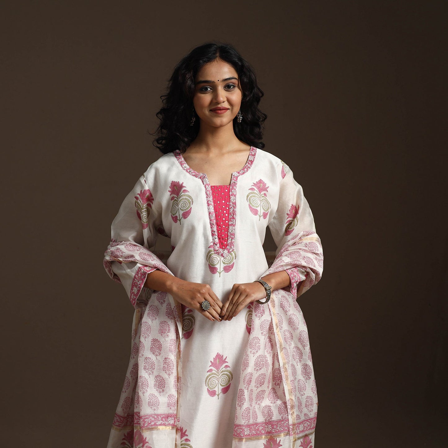 White - chanderi silk hand embroidery sanganeri suit set