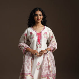 White - chanderi silk hand embroidery sanganeri suit set