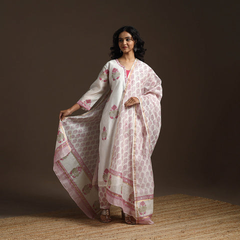 White - chanderi silk hand embroidery sanganeri suit set