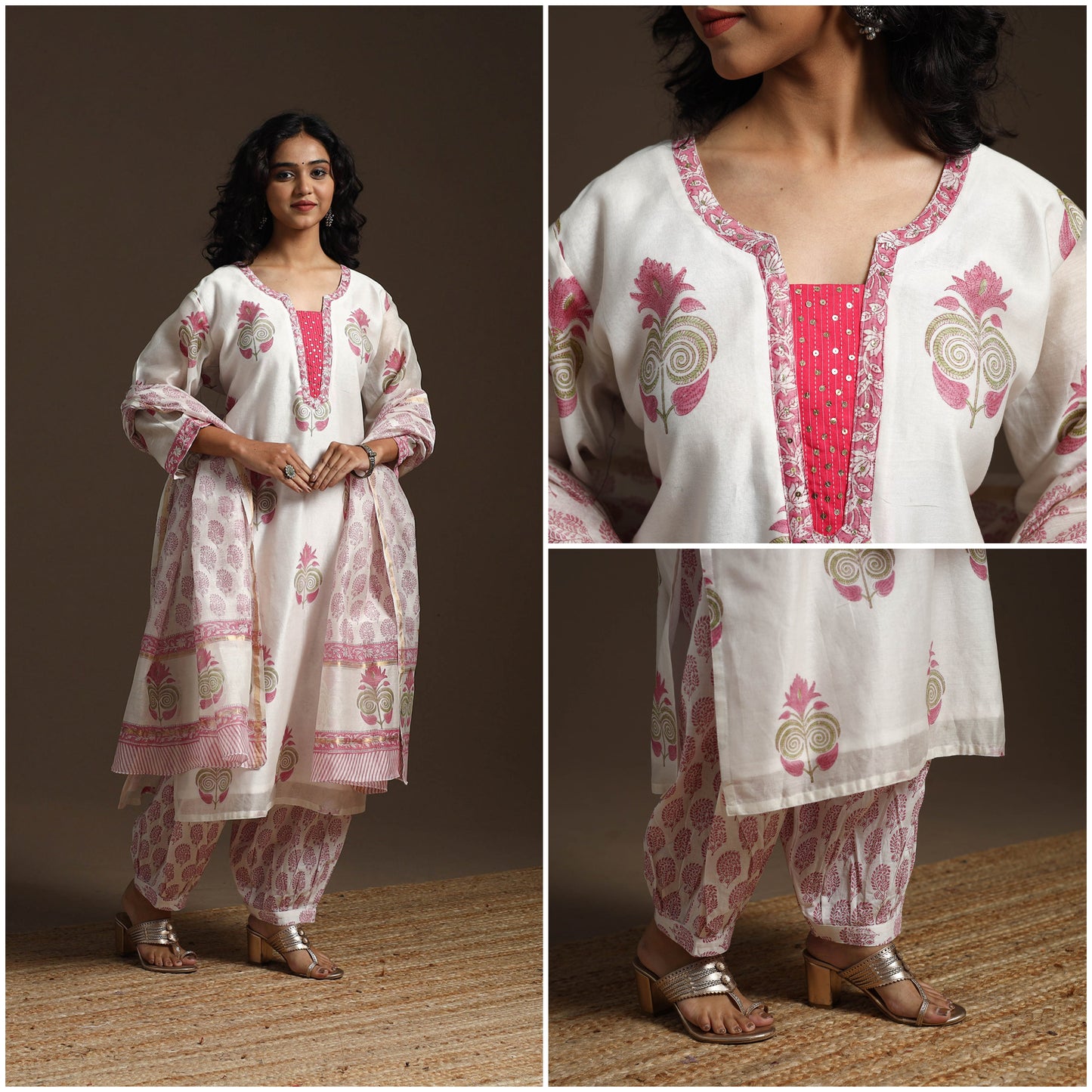 White - chanderi silk hand embroidery sanganeri suit set