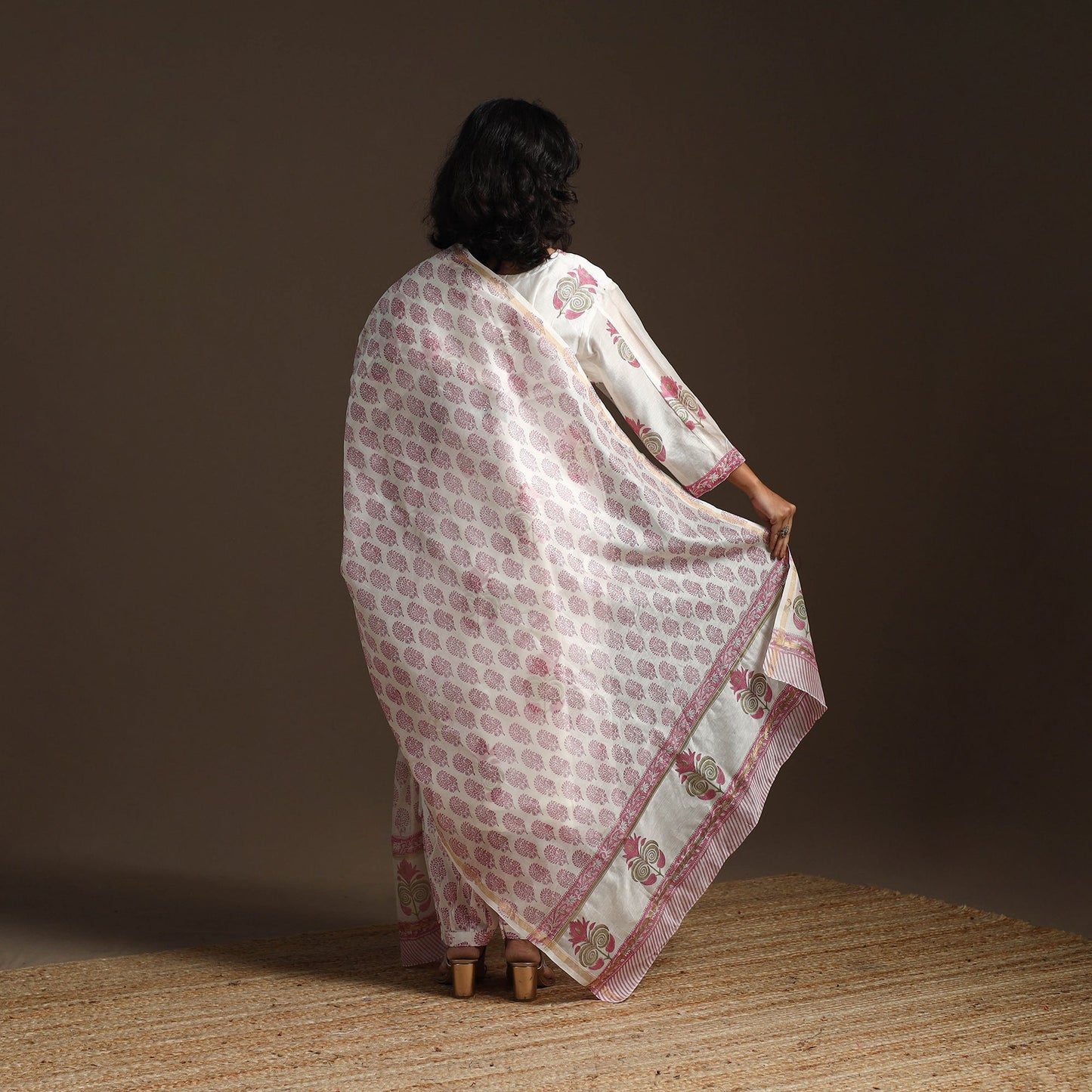 White - chanderi silk hand embroidery sanganeri suit set