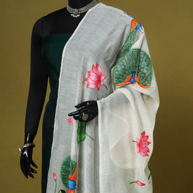 White - chanderi silk handpainted pichwai dupatta 07