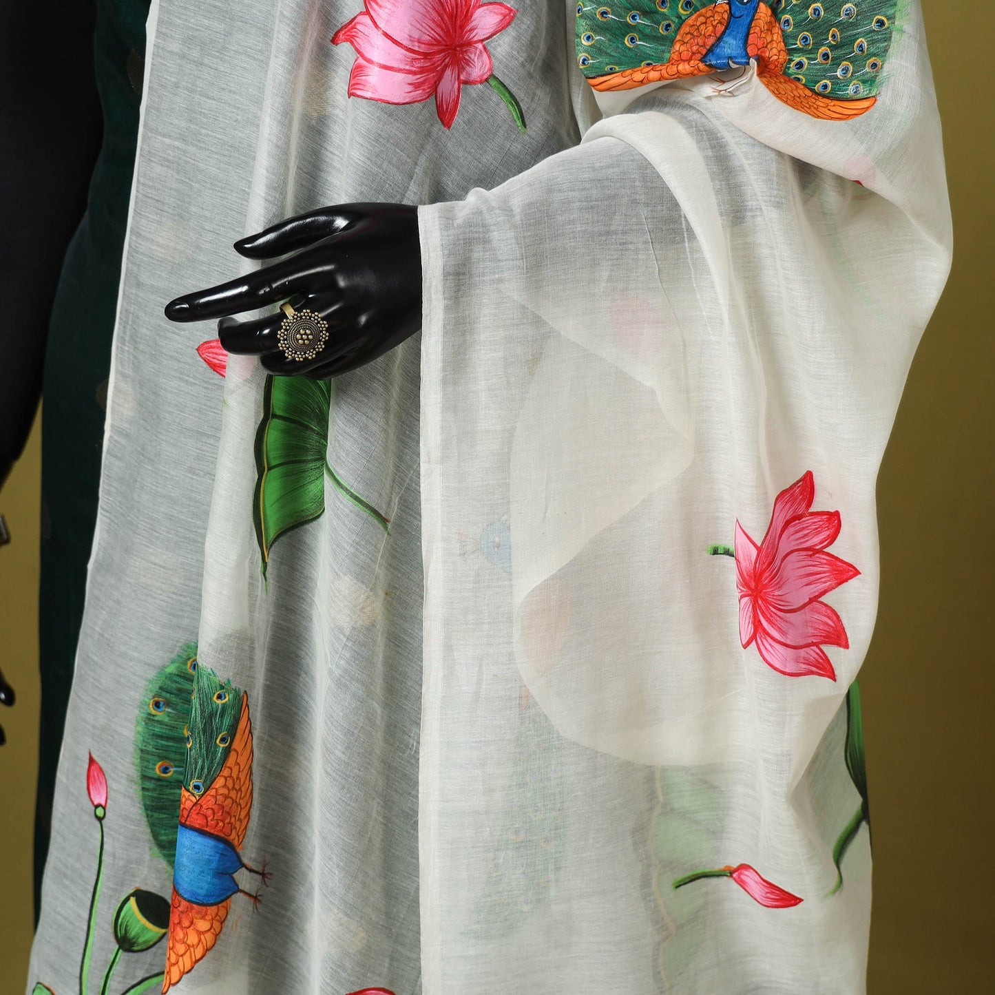 White - chanderi silk handpainted pichwai dupatta 07