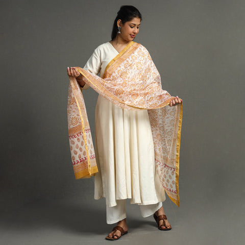 White - Block Print Chanderi Silk Sanganeri Dupatta 87