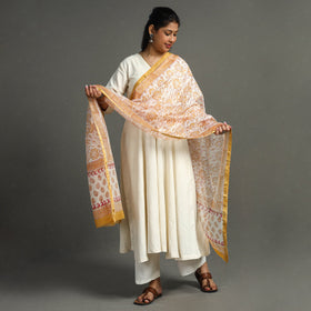 White - Block Print Chanderi Silk Sanganeri Dupatta 87