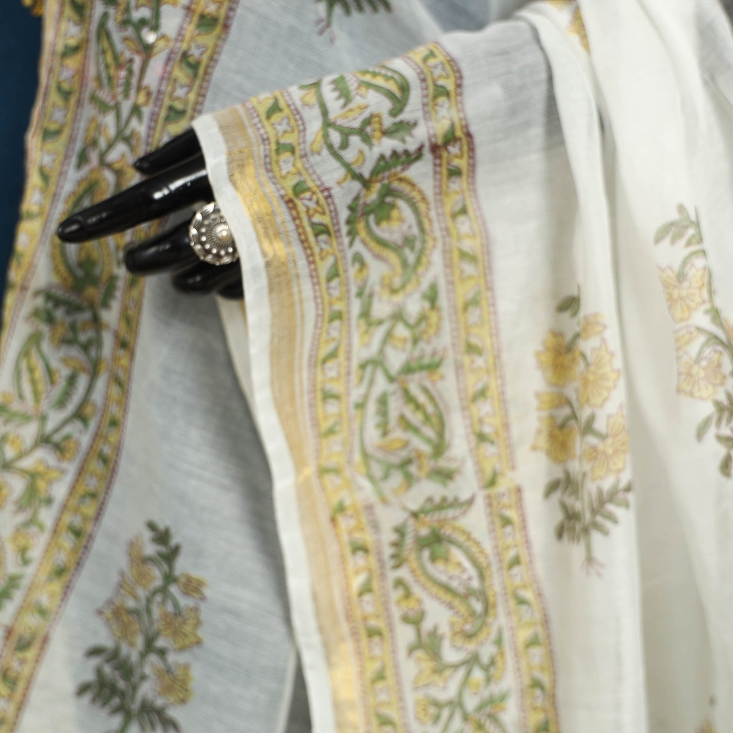 White Block Print Chanderi Silk Sanganeri Floral Dupatta