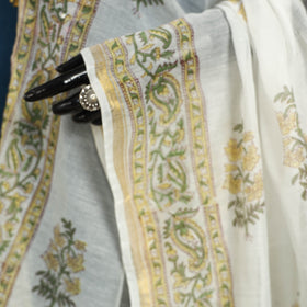 White Block Print Chanderi Silk Sanganeri Floral Dupatta