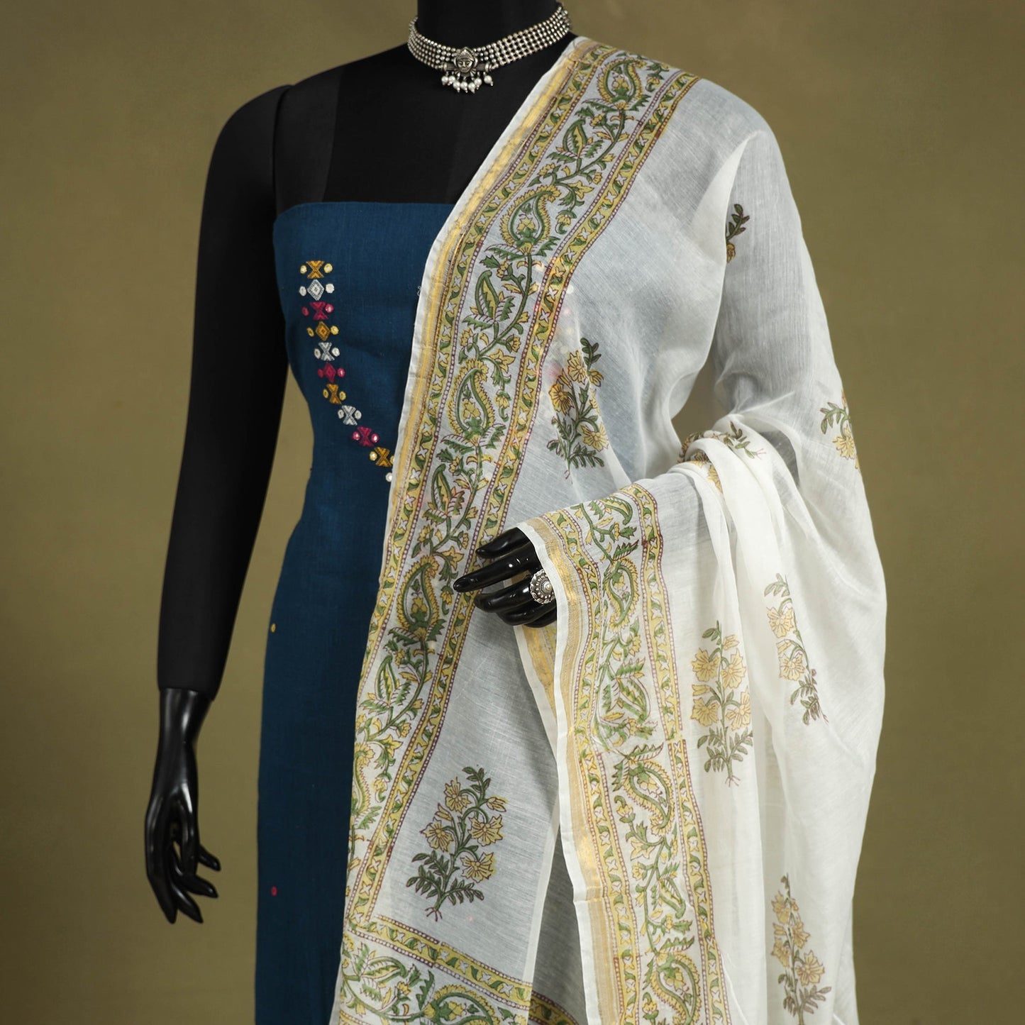White Block Print Chanderi Silk Sanganeri Floral Dupatta