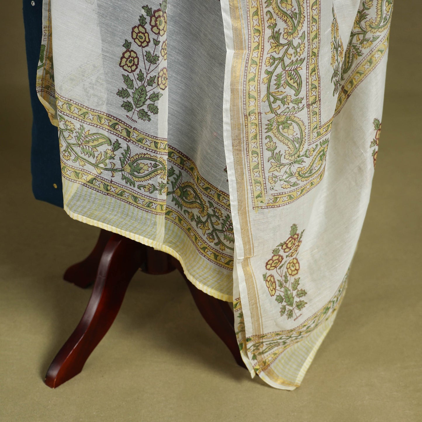 White Block Print Chanderi Silk Sanganeri Floral Dupatta