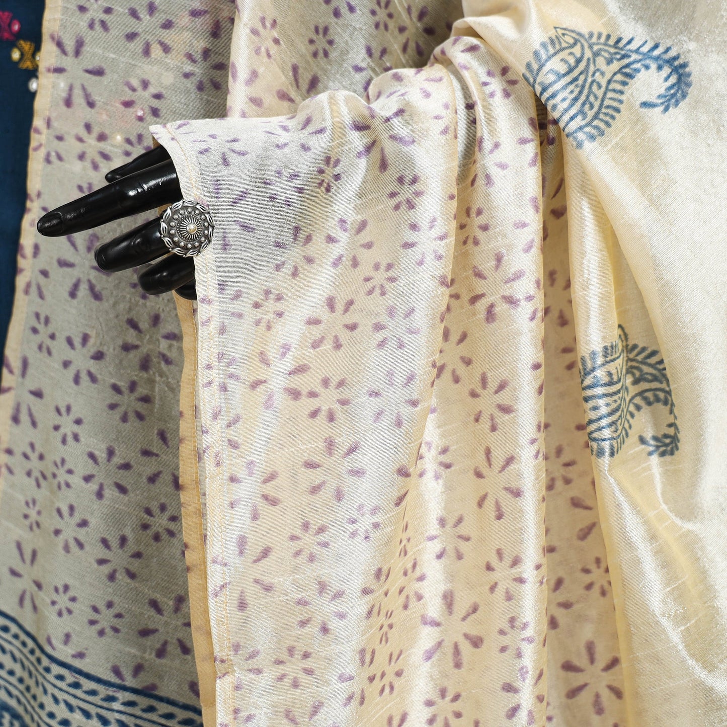 White Block Print Chanderi Silk Sanganeri Floral Dupatta