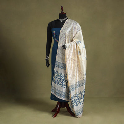 White Block Print Chanderi Silk Sanganeri Floral Dupatta