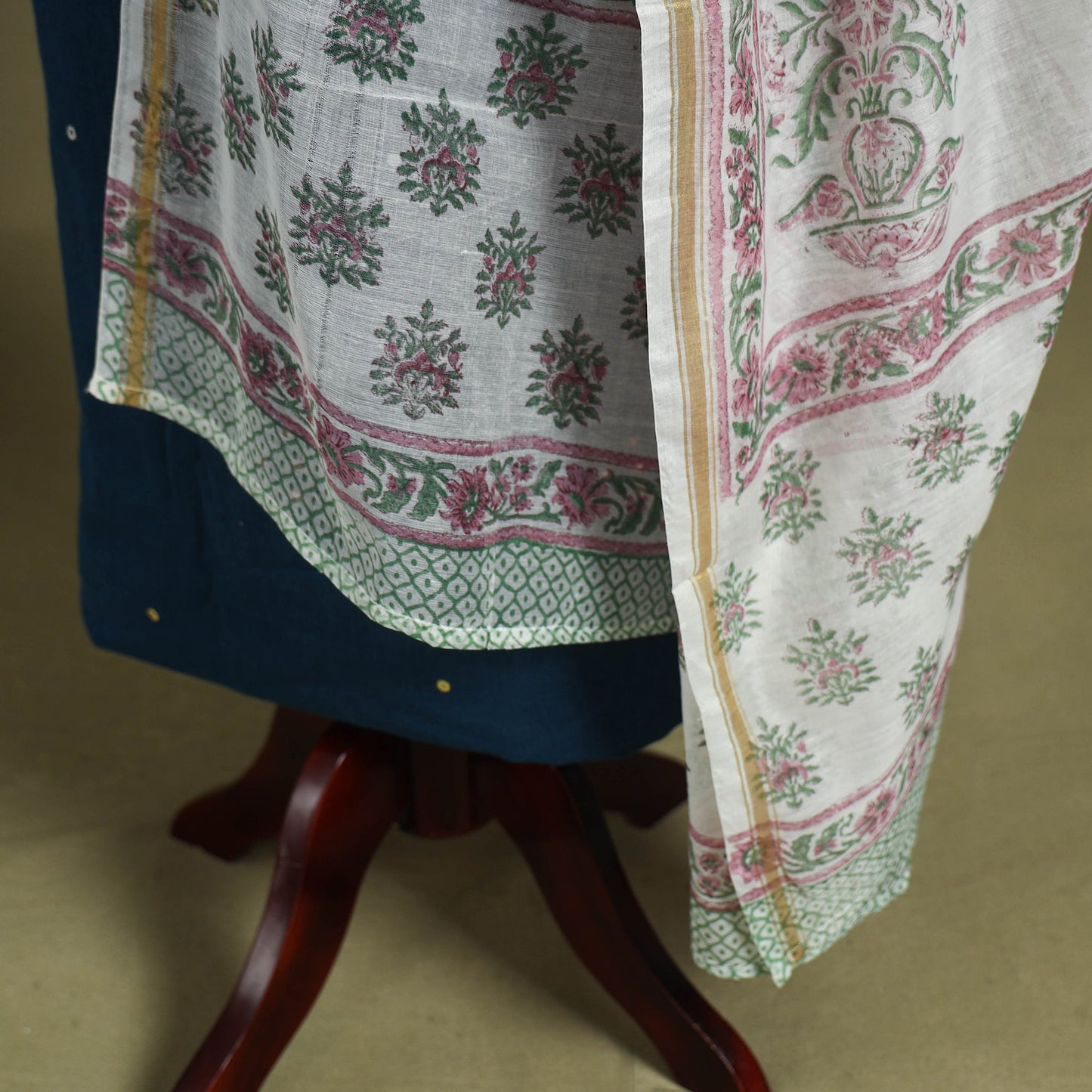 White Block Print Chanderi Silk Sanganeri Floral Dupatta