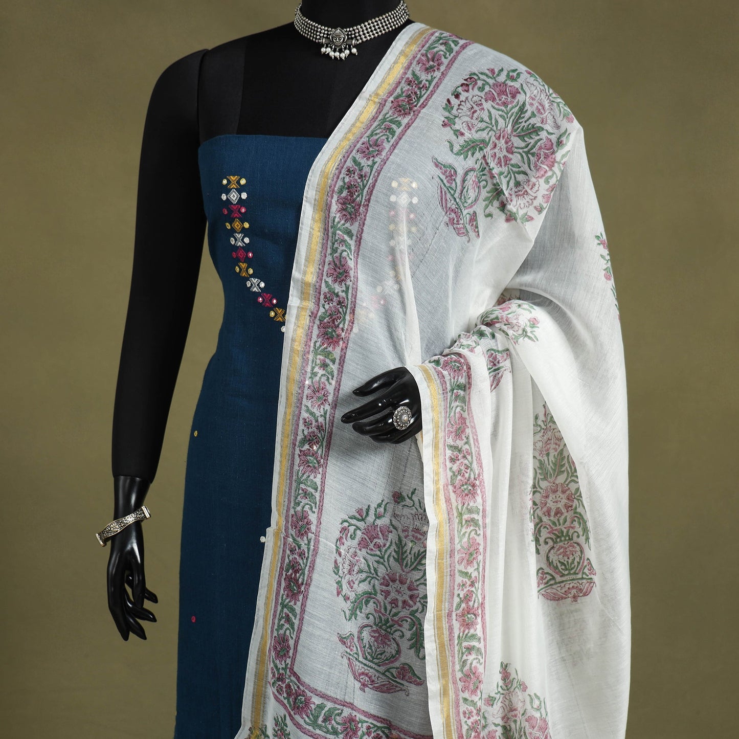 White Block Print Chanderi Silk Sanganeri Floral Dupatta