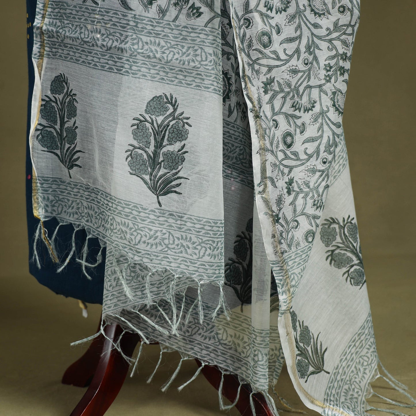 White Block Print Kota Doria Cotton Sanganeri Floral Dupatta 
