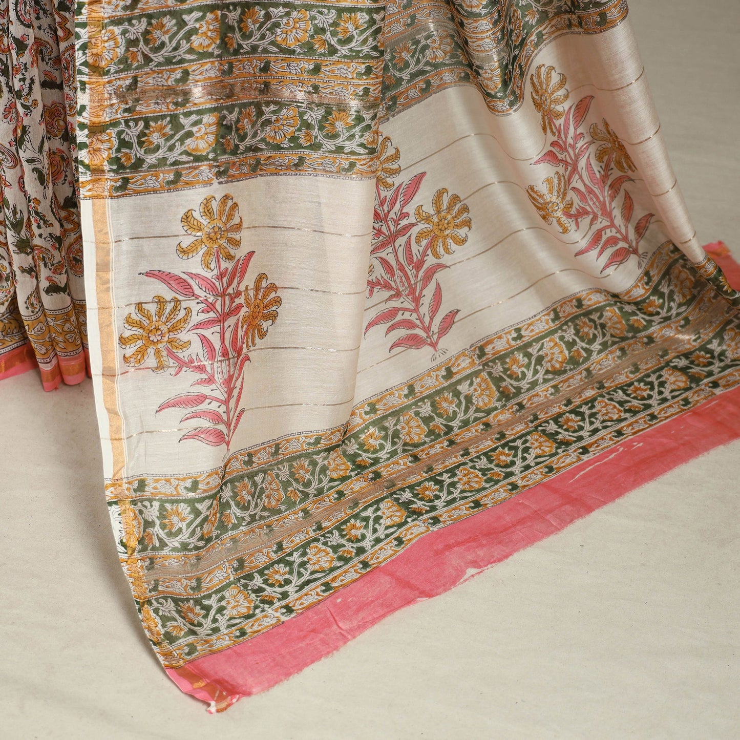 Block Print Chanderi Silk Sanganeri Saree with Zari Border