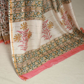 Block Print Chanderi Silk Sanganeri Saree with Zari Border
