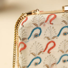 White Chikankari Hand Embroidered Tussar Silk Clutch/Sling Bag