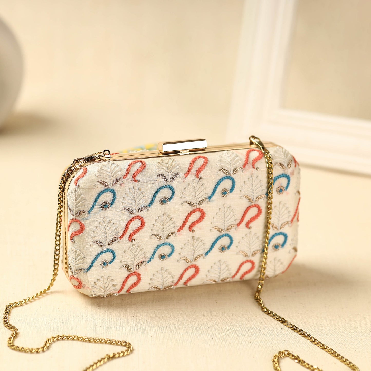 White Chikankari Hand Embroidered Tussar Silk Clutch/Sling Bag