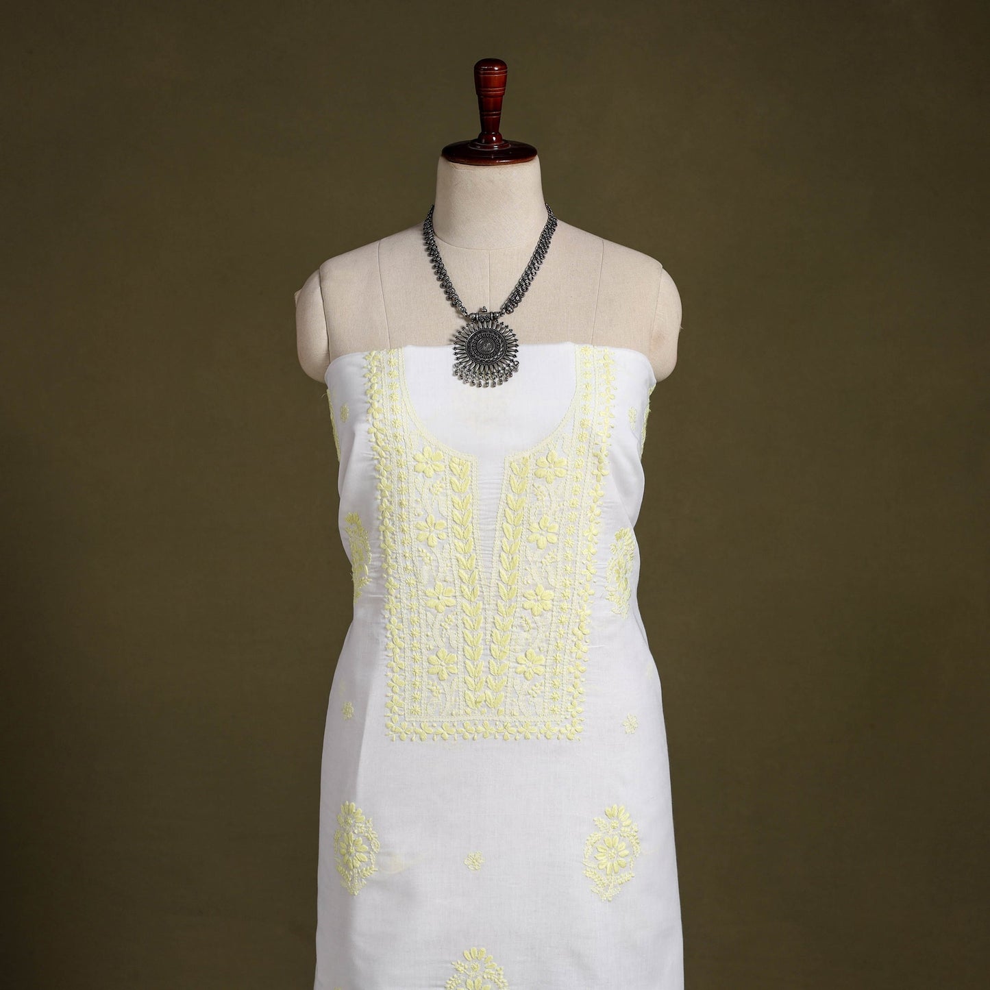 White Chikankari Hand Embroidery Chanderi Silk Kurta Material 