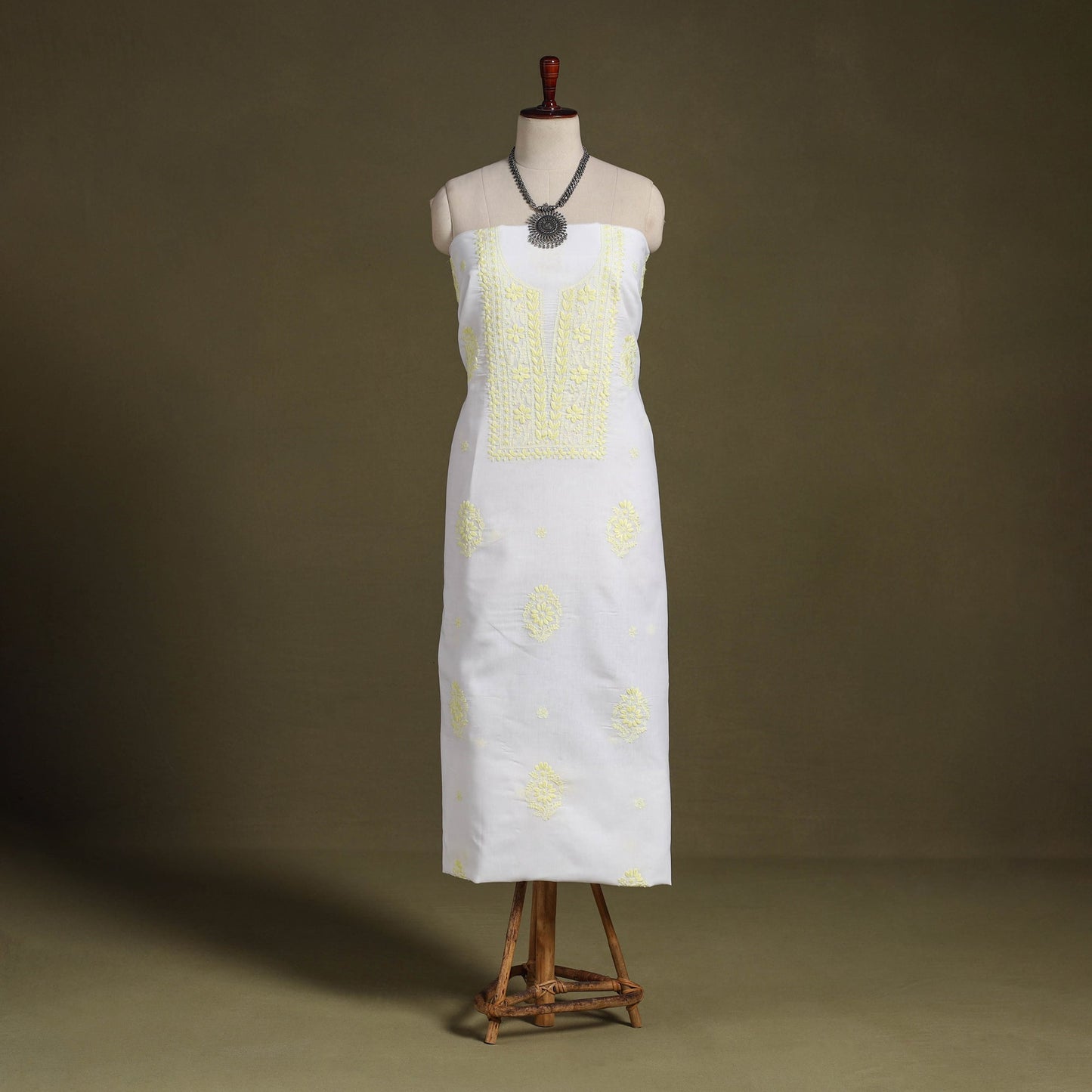 White Chikankari Hand Embroidery Chanderi Silk Kurta Material 