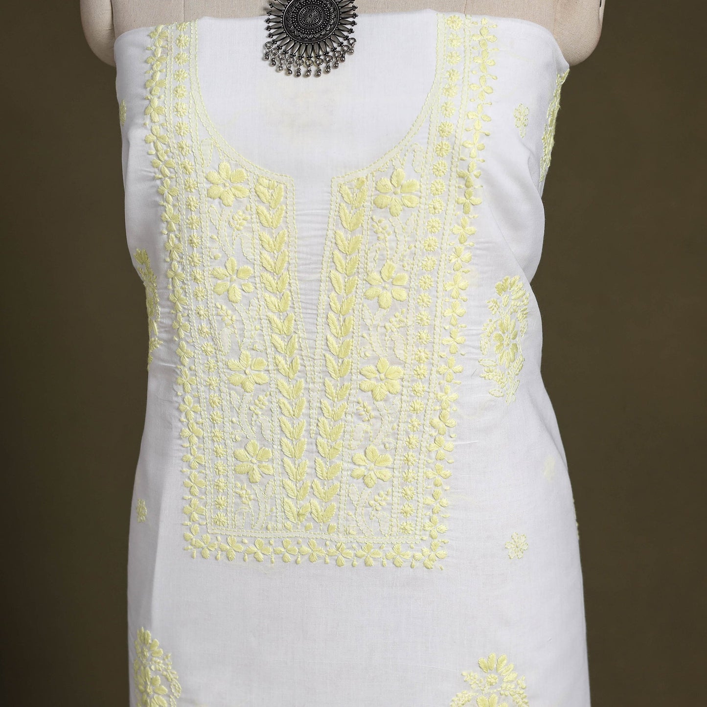 White Chikankari Hand Embroidery Chanderi Silk Kurta Material 