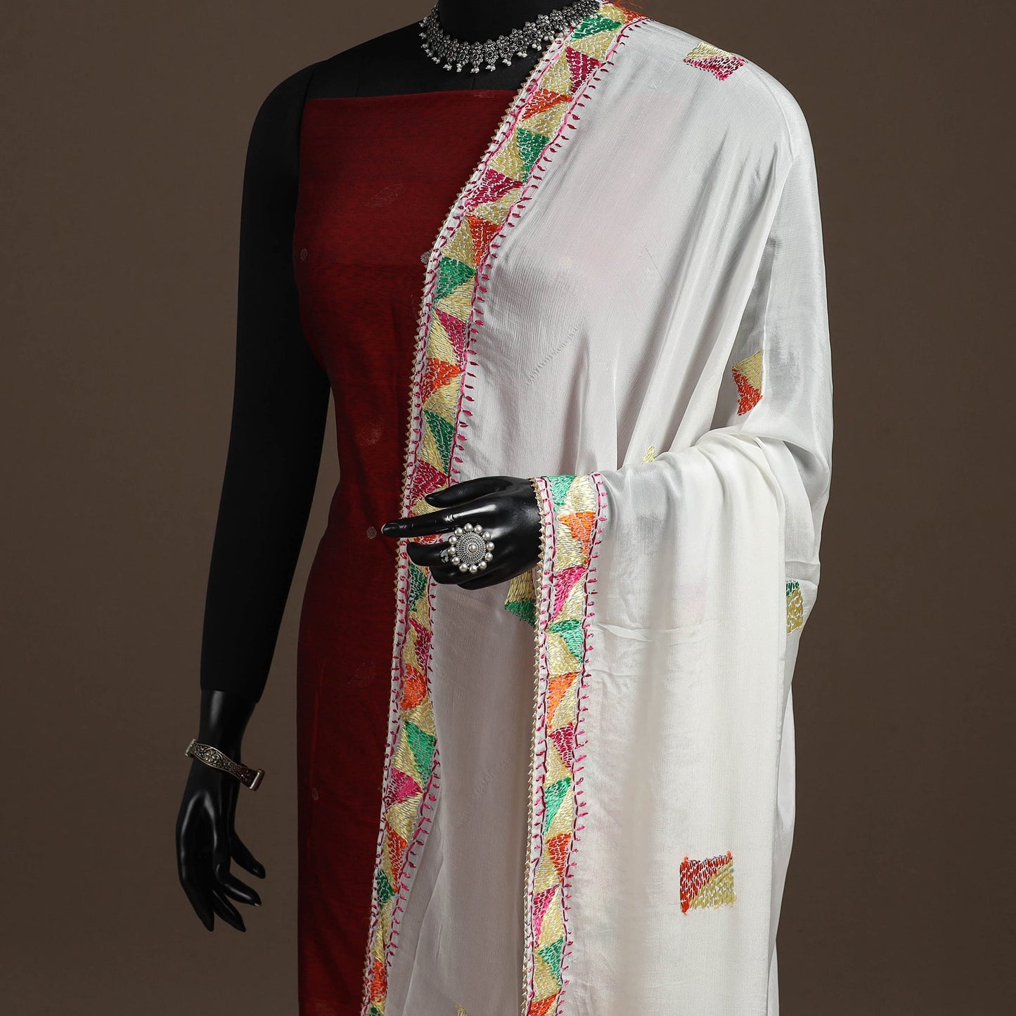 Chinon silk hand embroidered phulkari dupatta 03