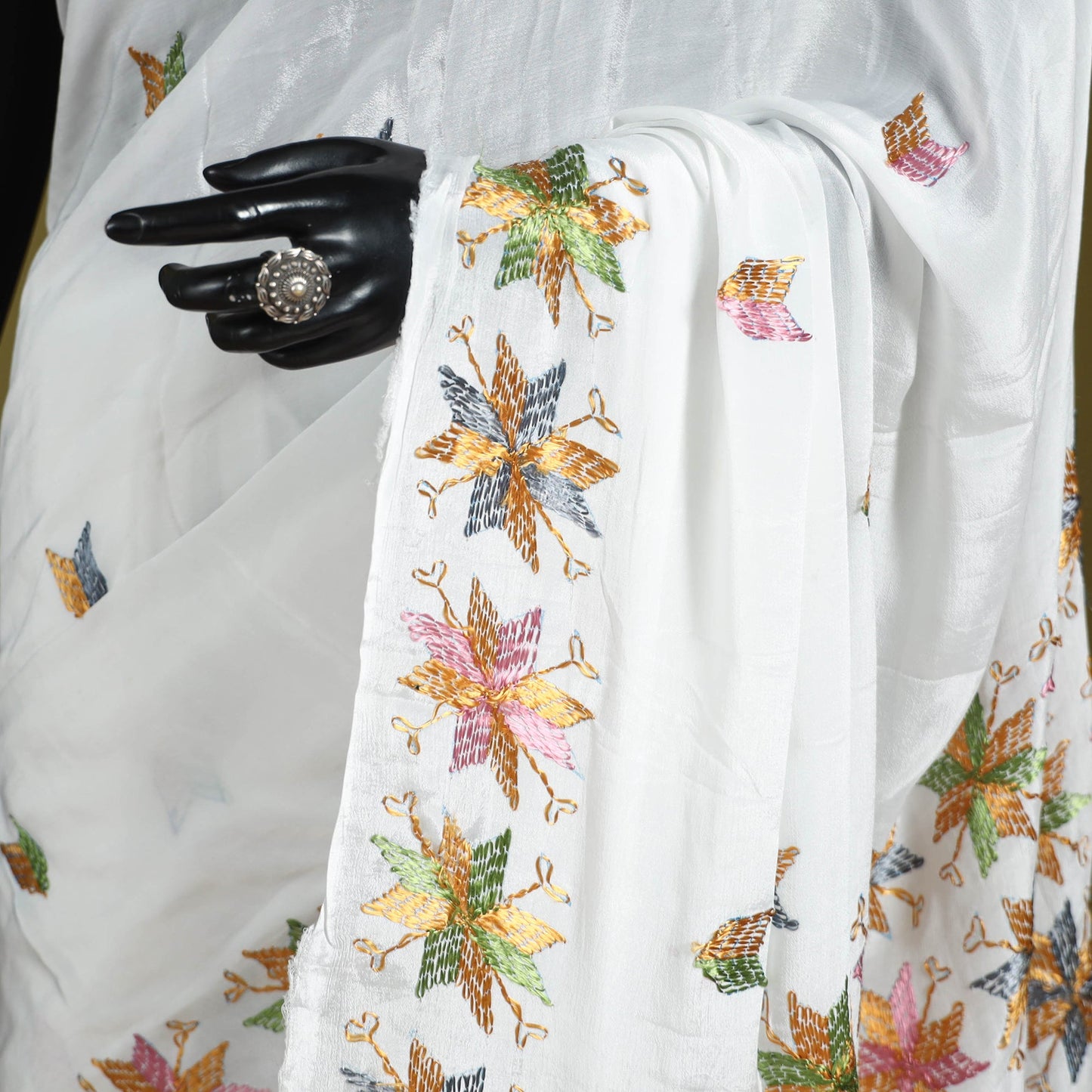 White - chinon silk hand embroidery phulkari saree 01