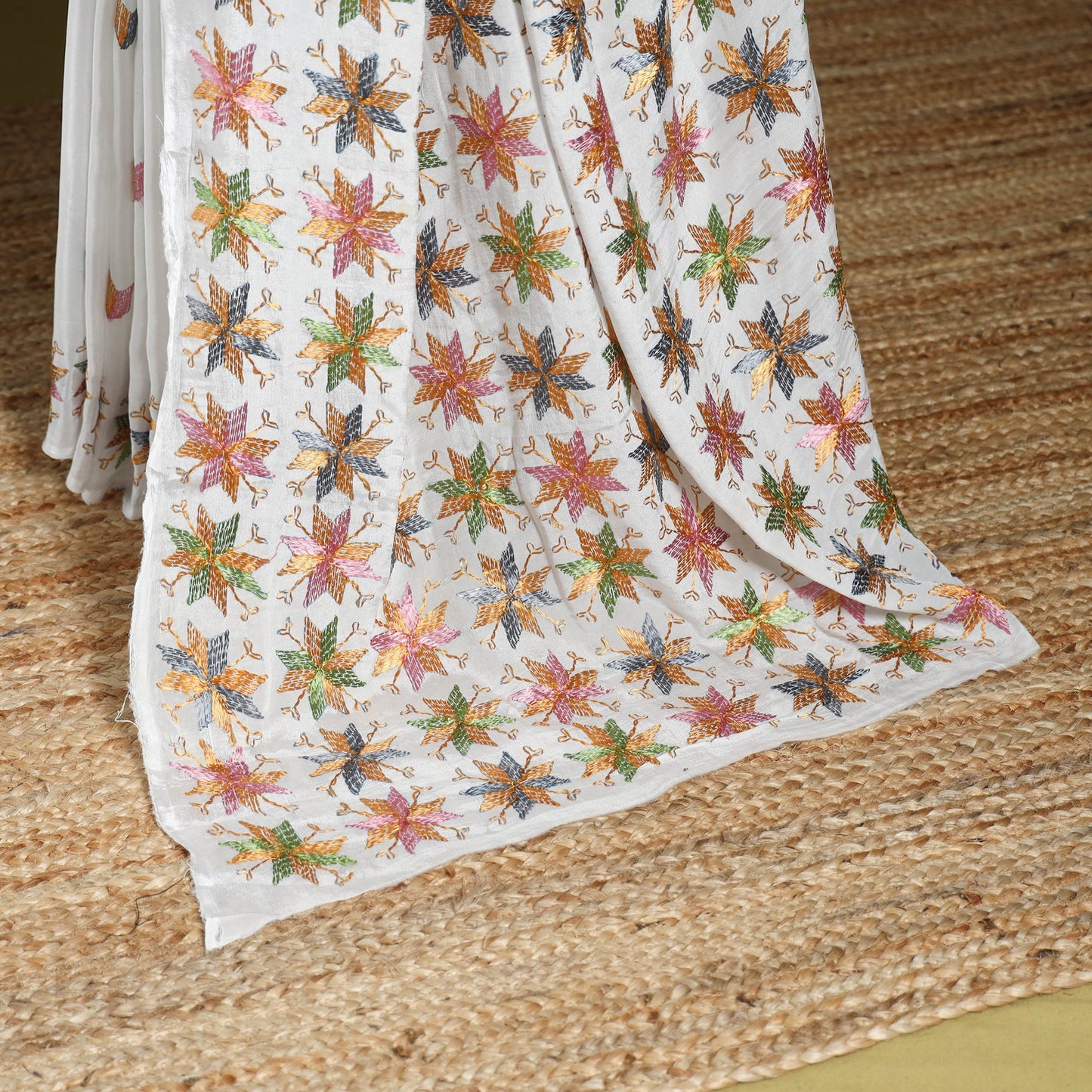 White - chinon silk hand embroidery phulkari saree 01