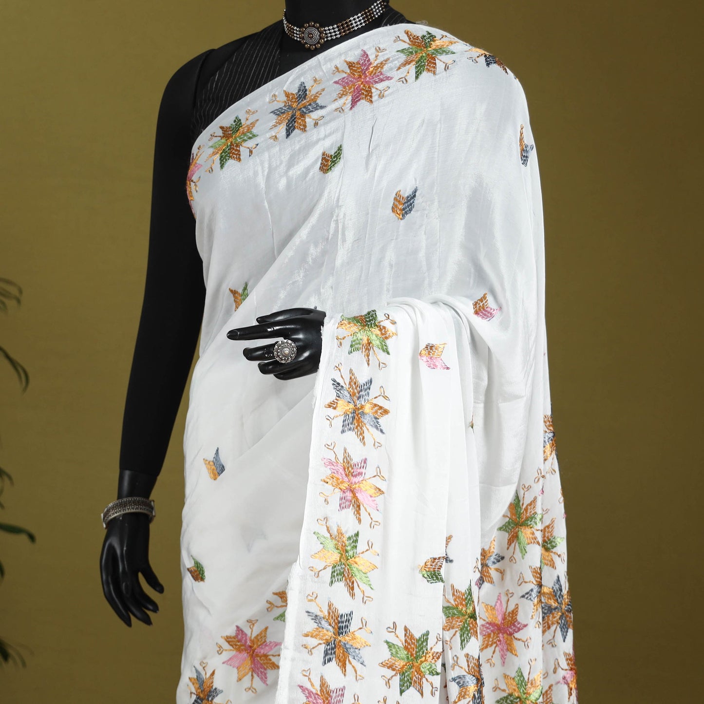White - chinon silk hand embroidery phulkari saree 01