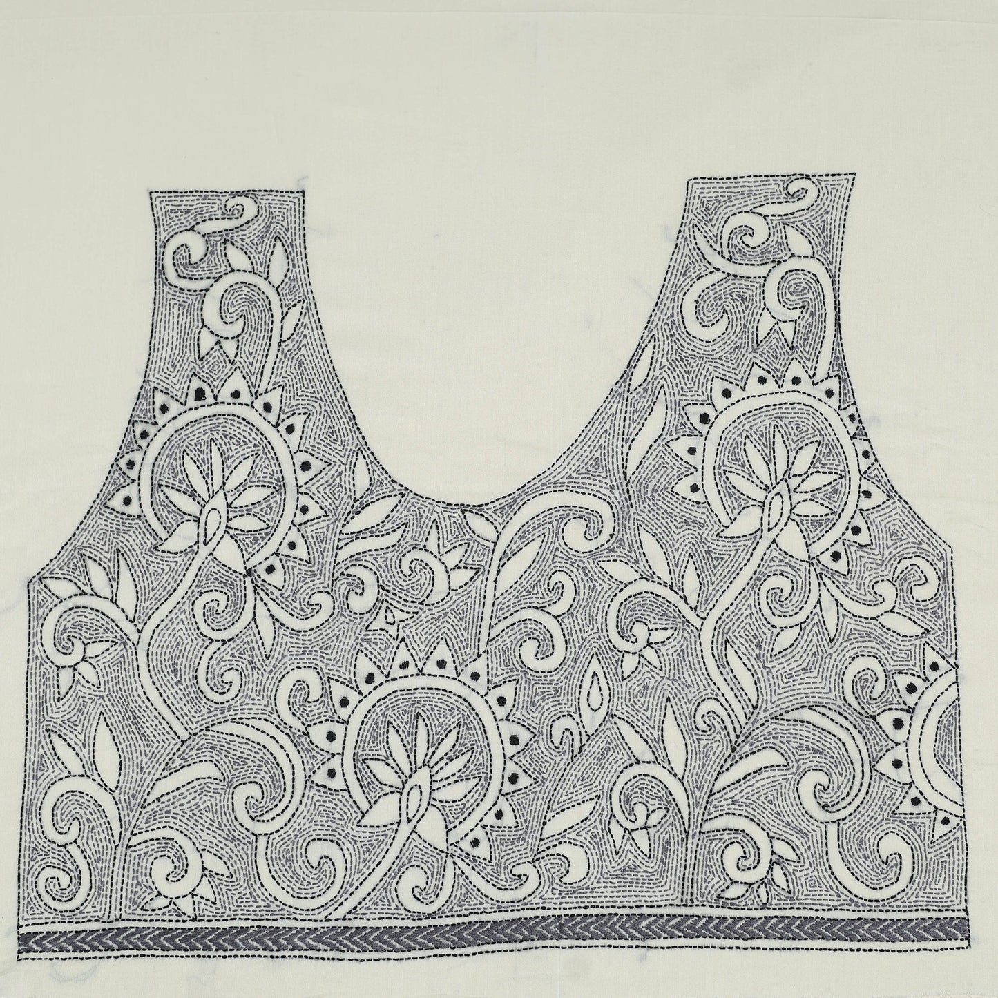 White Cotton Bengal Kantha Stitch Blouse Piece 
