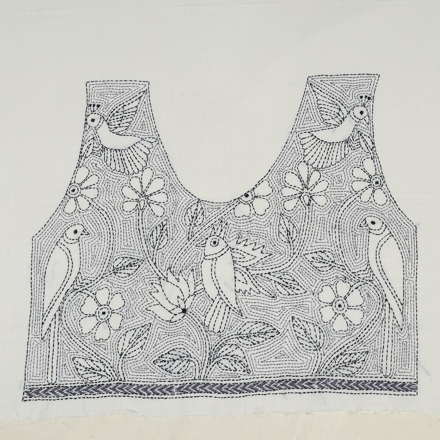 White Cotton Bengal Kantha Stitch Blouse Piece 